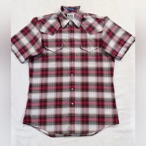 ELY Cattleman Medium Plaid Western Cowboy Plaid Shirt Pearl Snap Short Sleeve